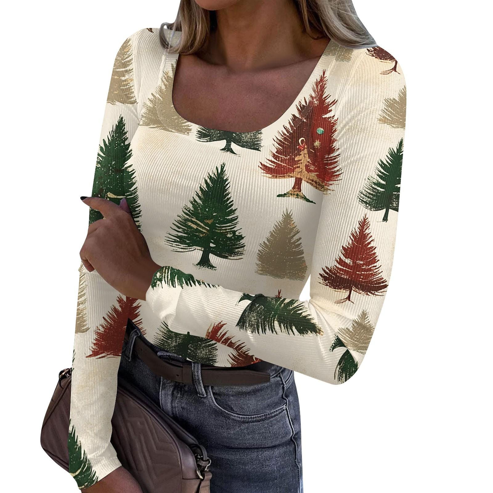 

Женская мода Slim Bottom Casual с длинным рукавом и рождественским принтом пуловер с U-образным вырезом XXL хаки