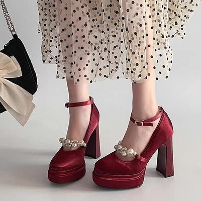 Waterproof Table Mary Jane Shoes Women's Spring New Commuting Heightened Square Head Thick Heel Satin Performance Small Leather Shoes