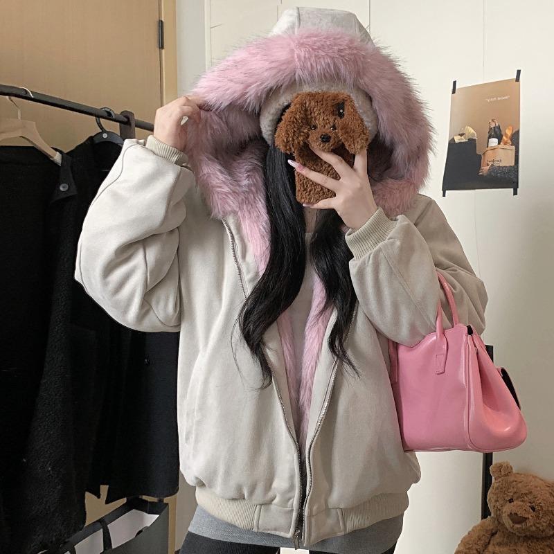 

American Simple Style Faux Suede Coat with Fur Collar Women Winter Warm Thickened Padded Jacket XL бежевый