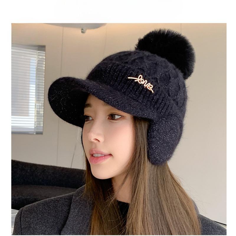 Casquette de baseball de luxe haut de gamme en fourrure de lapin avec diamants pour femmes, hiver, épaisse, protection des oreilles et du visage, pompon en fourrure, bonnet tricoté