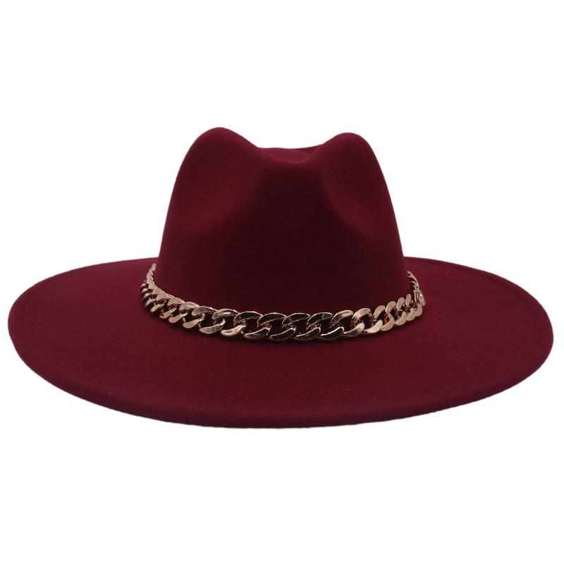 Big Brim Gold Acrylic Chain Felt Hat Solid Color Cashmere Jazz Hat French Top Hat