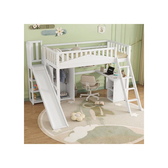 Lit superposé - MUVOE - 90x200 cm - Blanc - Avec table et armoire - Sécurisé EN747