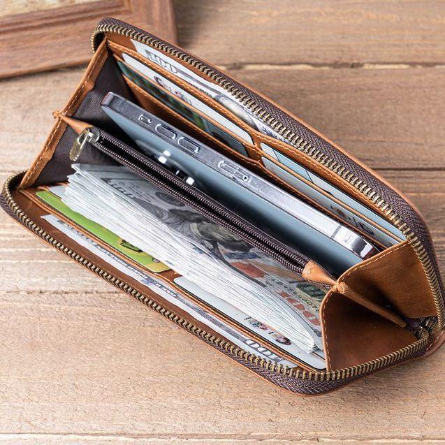Crazy Horse Leather Men's and Women's Long Wallet, Two Fold Genuine Leather, Pure Top Layer Cowhide, Retro Wallet