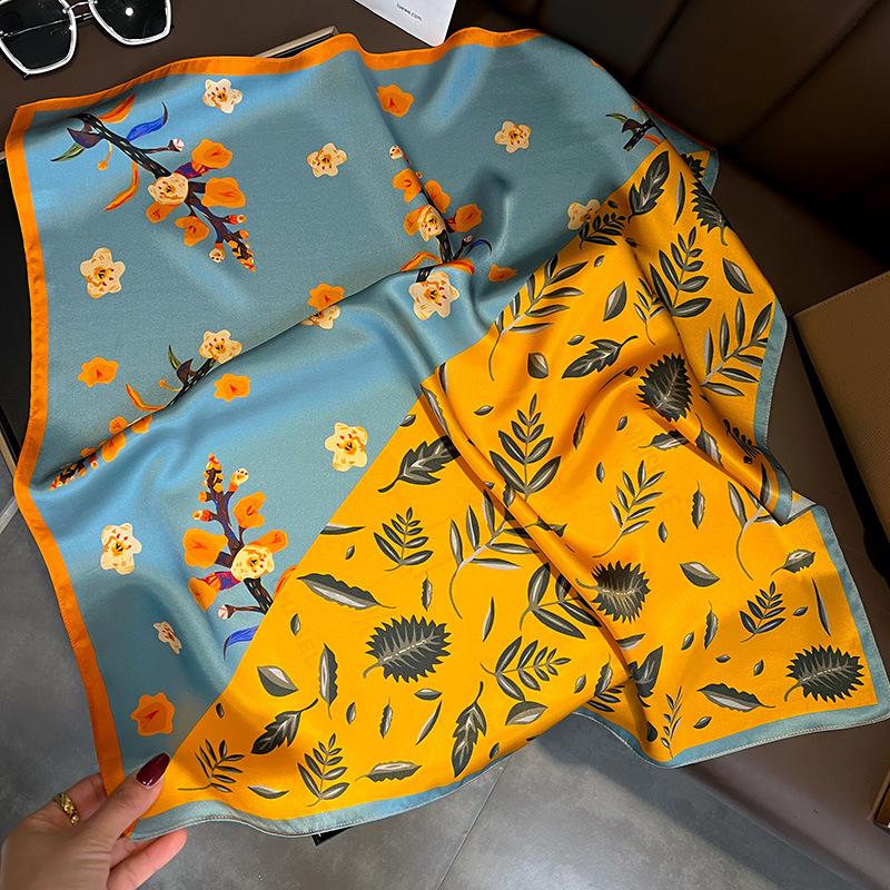 Splicing two-color blue orange flower 70cm mulberry silk silk silk scarf medium square scarf women s decorative bag 70*70cm