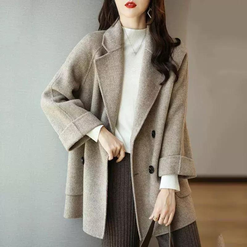 Herbst- und Wintermode Fischgrätmuster Locker und dünn Western-Stil Kleiner Allrounder Wollmantel in mittlerer Länge