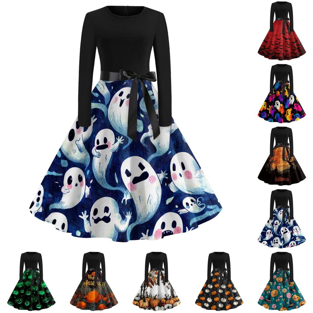 Women's Vintage Round Neck Dress with Halloween Print for Casual Fall Outings