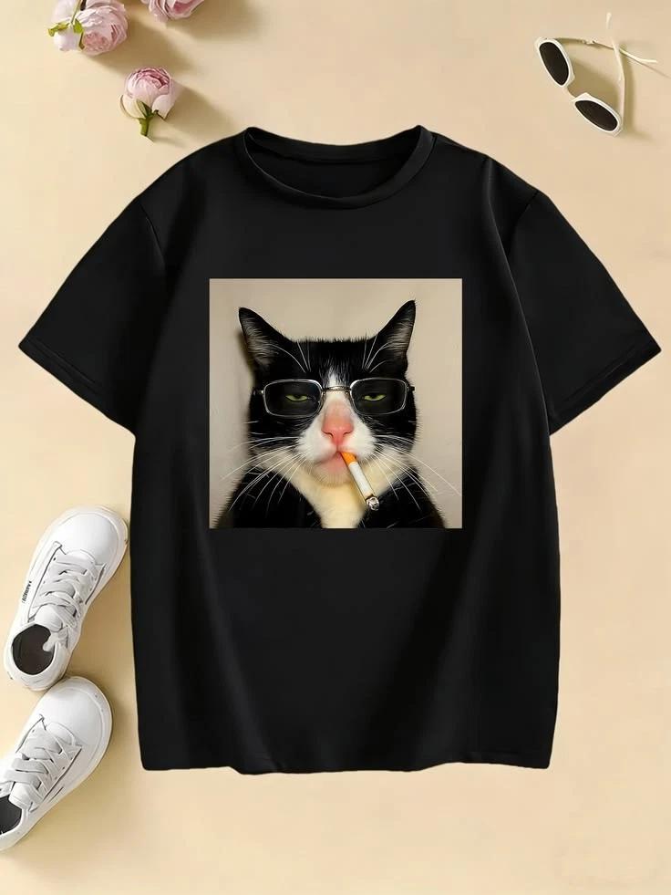 Cool Cat Smoking Glasses Funny Meme Graphic T T-Shirt 4XL