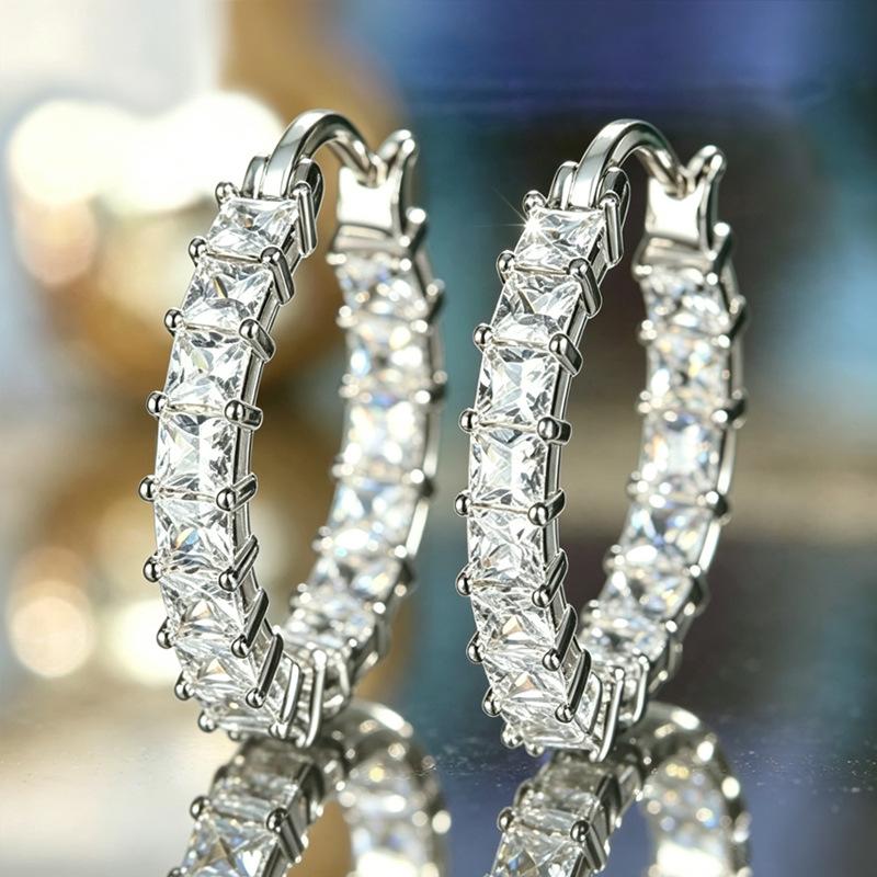 2026 Square Diamond Zircon Fine Earrings Temperament Ear Buckles, European and American Style Simple Light Luxury Fashion Earrings