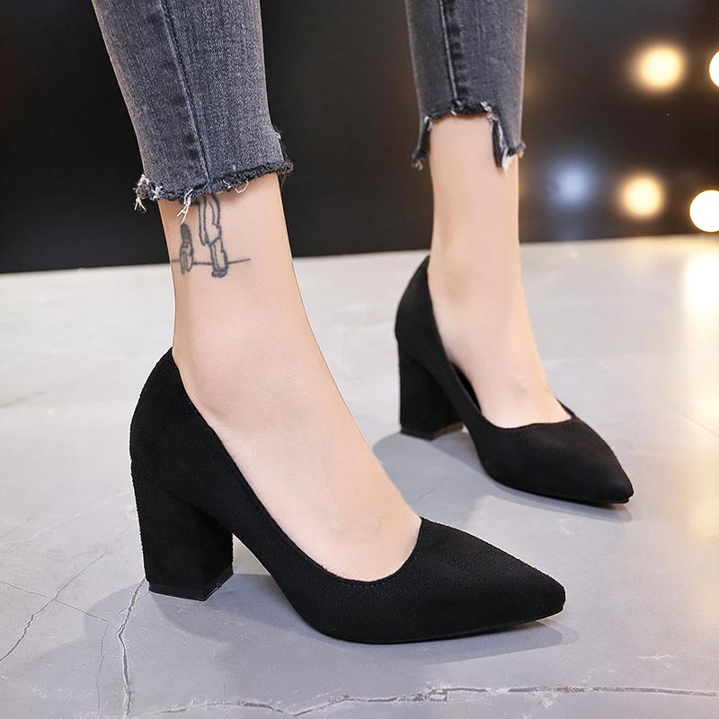 Fashion New Women Pumps Flock Sweet Thick High Heels Female Sexy Office Pointed Toe Dress Work Pump Cute Shoes Ladies Footwear