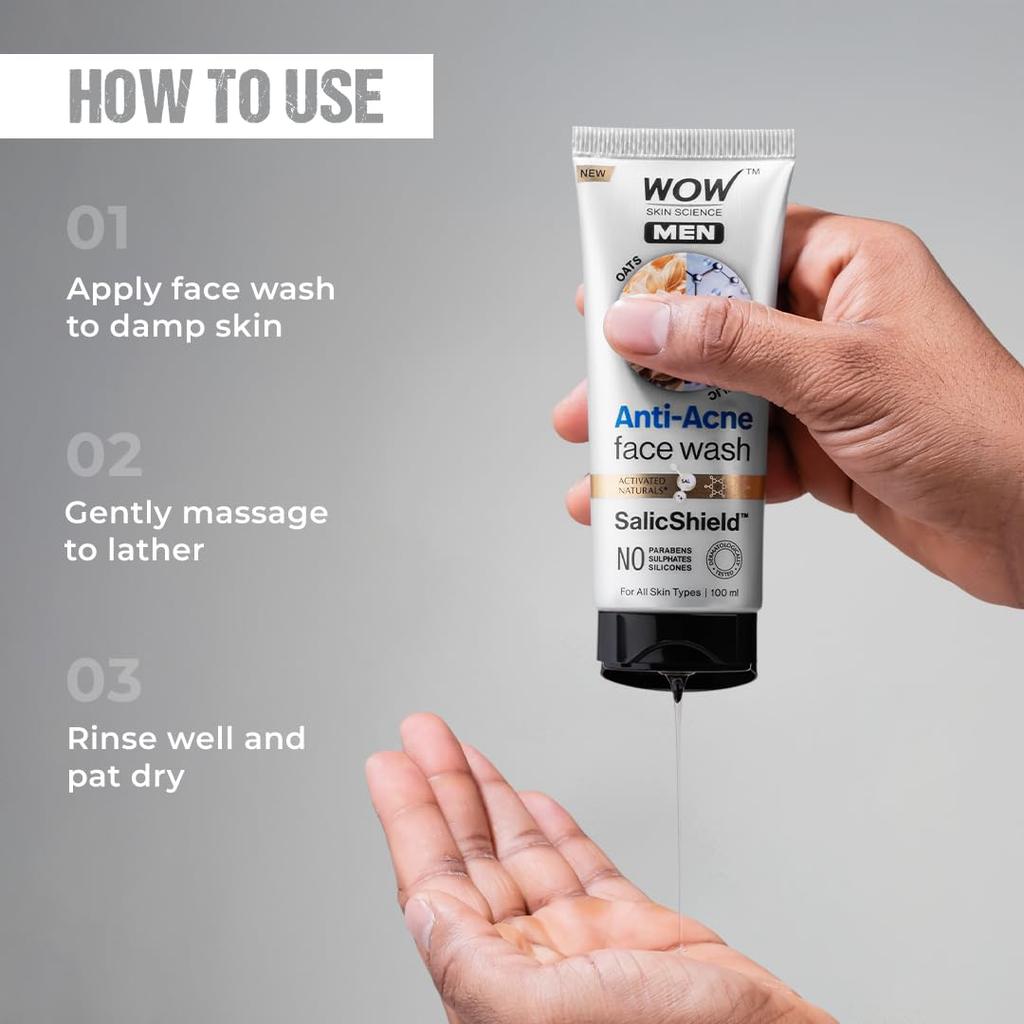 WOW Skin Science Men Anti Acne Face Wash With Oat Extract And 2% Salicylic Acid | Targets Breakouts And Oil Control | 100 Ml