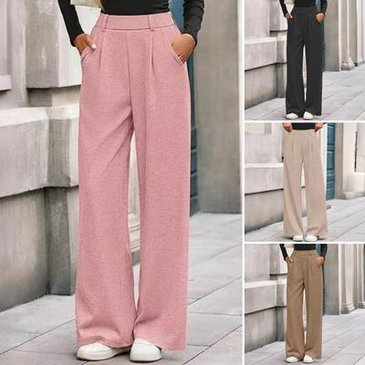 Calças Femininas Elásticas Cintura Média Perna Larga Estilo Solto Calças Compridas Outono Inverno Caneladas Casuais com Bolsos