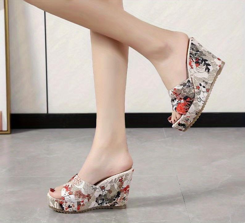 Damen Sandalen mit Blumenmuster und Keilabsatz, modische Peep-Toe-Schlupfschuhe, Plateauschuhe, vielseitige Sandalen mit hohen Absätzen, Größe