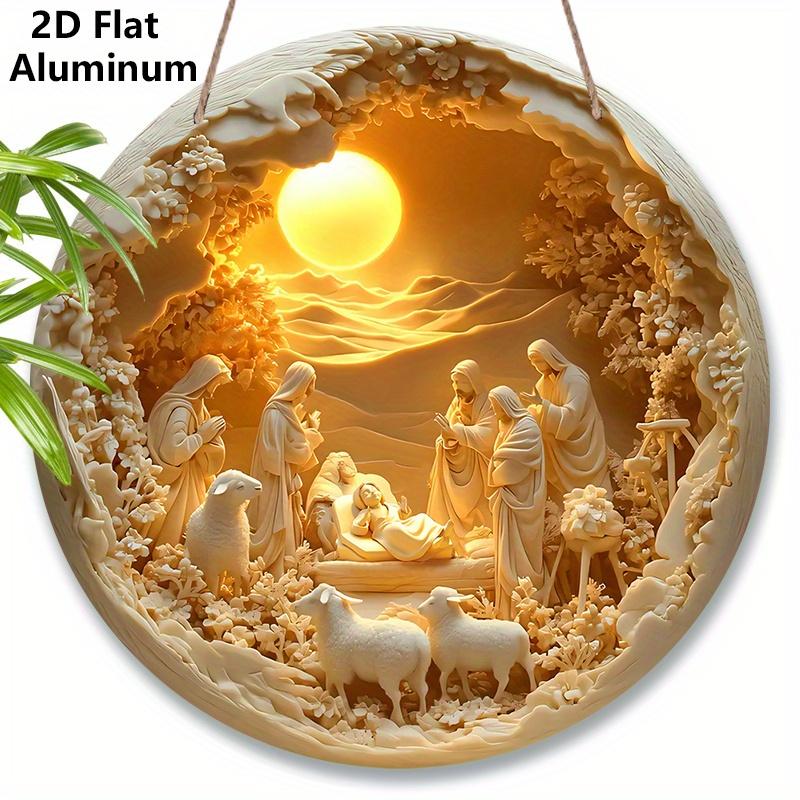 

2D Flat Aluminium Nativity Christmas Sign - Unique Holy Night Figurine Ornaments - Aluminium Manger Sign - Ideal for Front Door, Wall, Porch, Window 7.87×7.87inch
