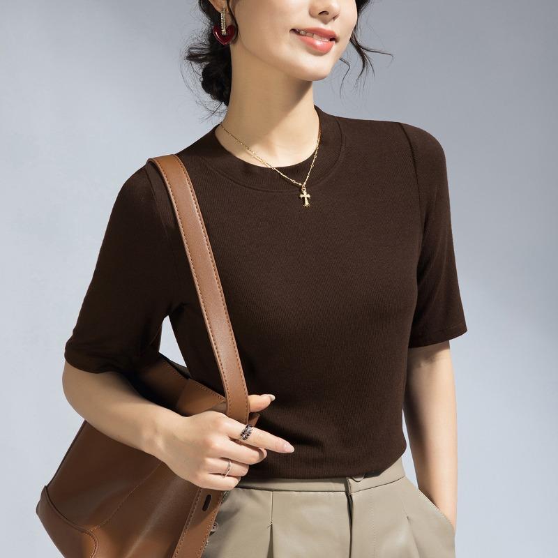 

Летняя новая базовая футболка из мериносовой шерсти женская внутренняя подкладка переднее плечо рукав до локтя приталенный топ с рукавом пять четвертей XXXL темно-коричневого