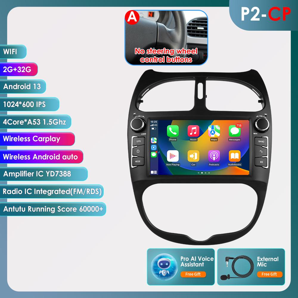 

OSSURET Интеллектуальный 7862 Android Автомагнитола для Peugeot 206 206CC 206SW 2000 -2008 Автомобильная стереосистема Мультимедиа Аудио Беспроводной Carplay 7-дюймовый головной блок A P2CP 4Core 2G 32G AI