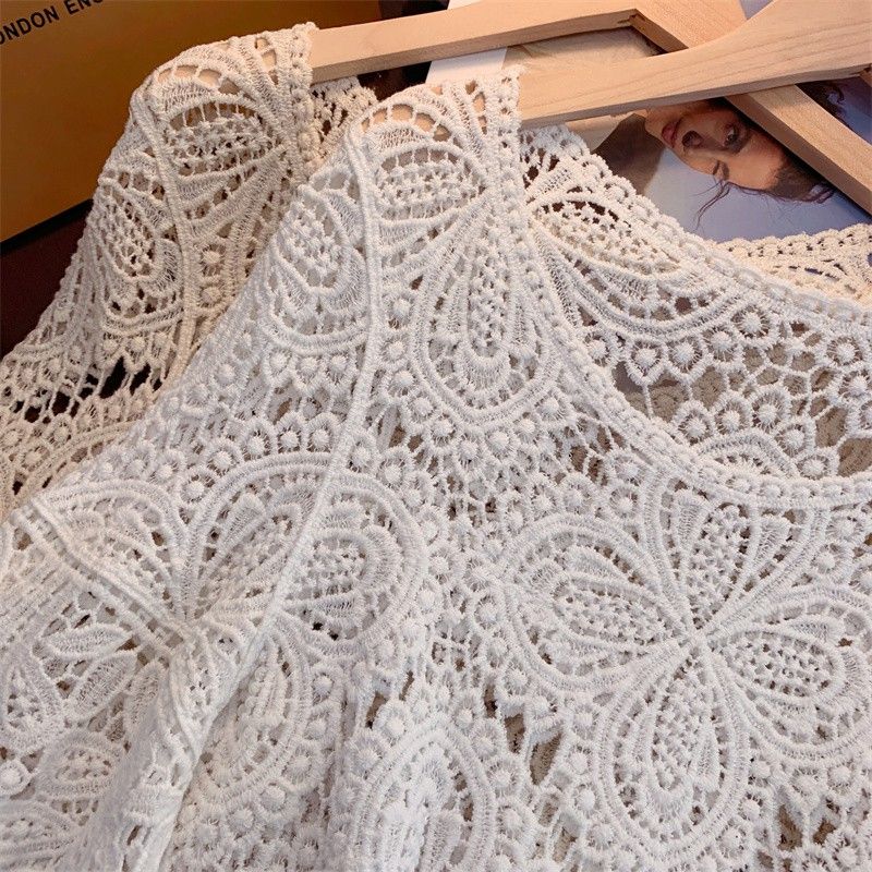 Damen-Oberteil mit 3/4-Ärmeln, Spitze, hohler Haken, Blumenmuster