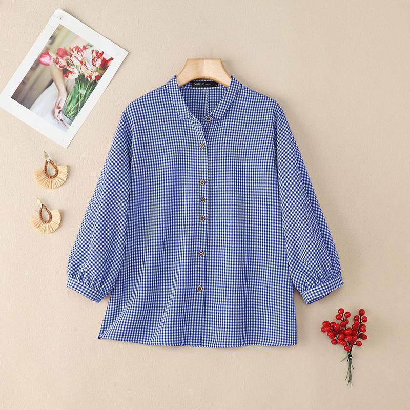 ZANZEA Women Plaid Print Casual Turn Down Collar 3/4 Sleeve Blouse