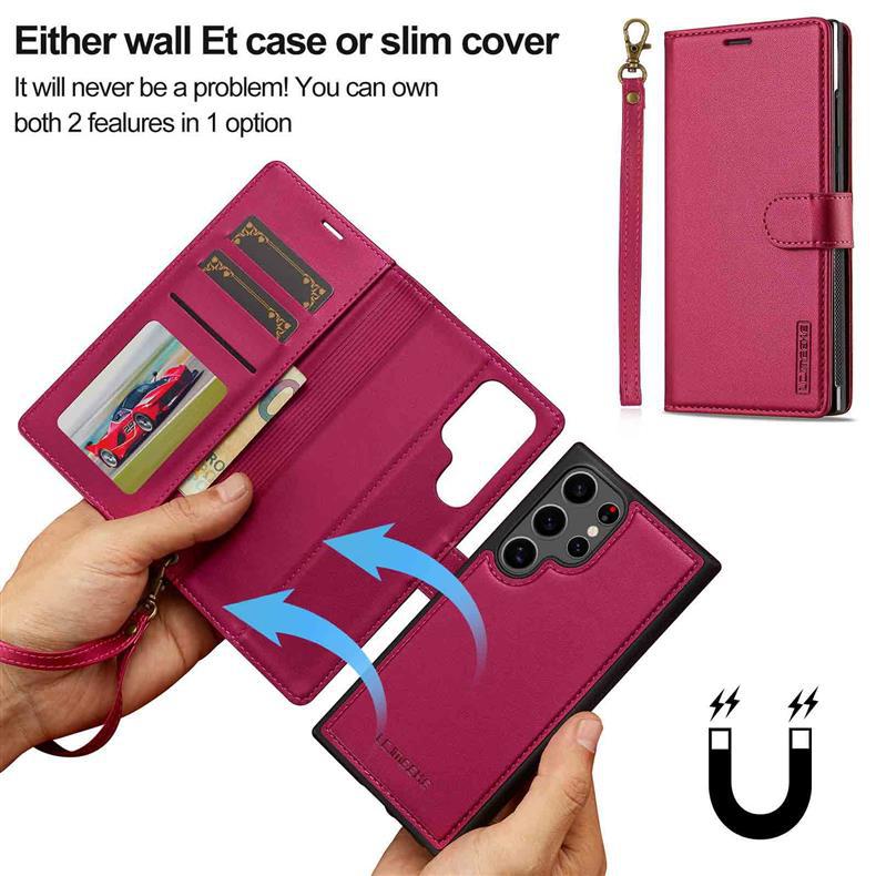 2-in-1 Magnetic Detachable Case for Samsung S25 Ultra, A17 Flip Cover with Card Slot and Lanyard, Leather Case A5655