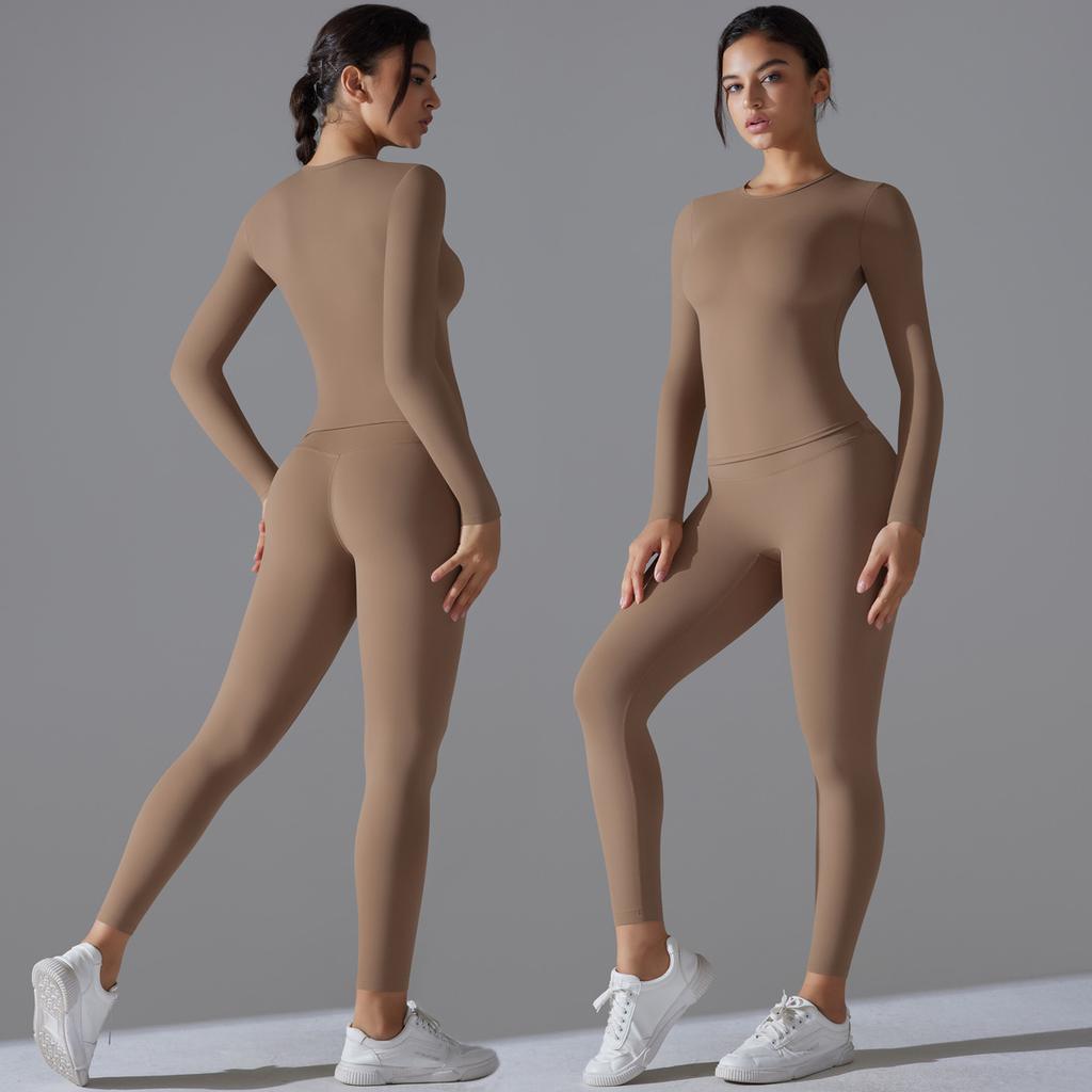 New Brushed Long Sleeved Yoga Suit with High Elasticity and Nude Feeling, Tight Fitting Sports Suit, Running and Fitness Two-piece Set for Women