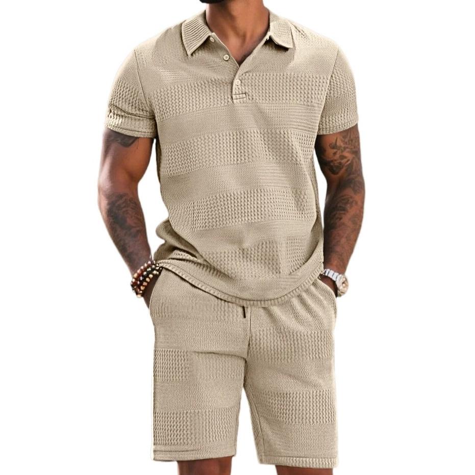 Men's Summer 2 Piece Outfit, Waffle Knit Polo Shirt and Elastic Waist Shorts, Casual Tracksuit for Beach Streetwear