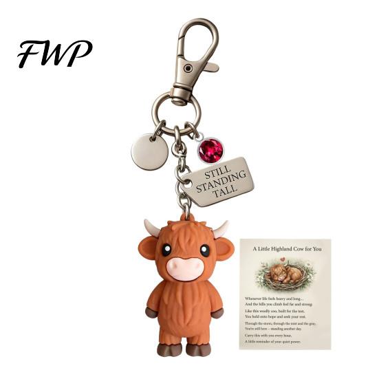 Metal Keychain A Little Highland Cow for You Keychain, 3D Resin Keyring with Birthstone Charm & Sentiment Card, Your Daily Reminder of Quiet Strength