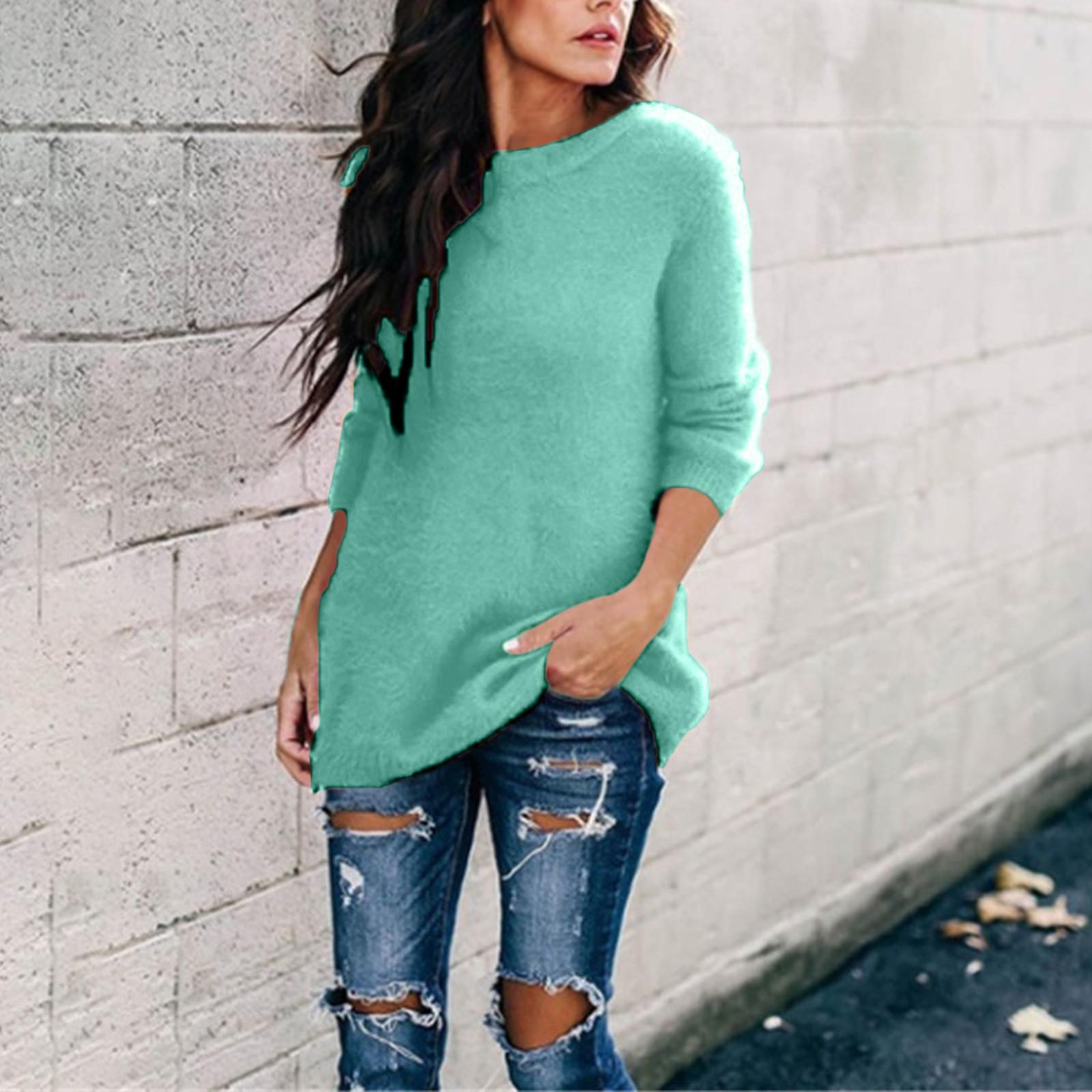 Модный женский трикотаж с круглым вырезом повседневный топ пуловер с длинным рукавом свитер XXXL зелёный 1358₽