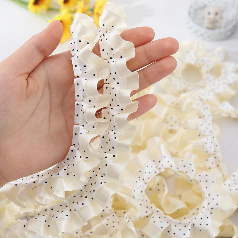2.5cm Double-Sided Black Polka Dot Satin Ribbon with Double Layer Pleated Lace for DIY Doll Dress Hem Accessories