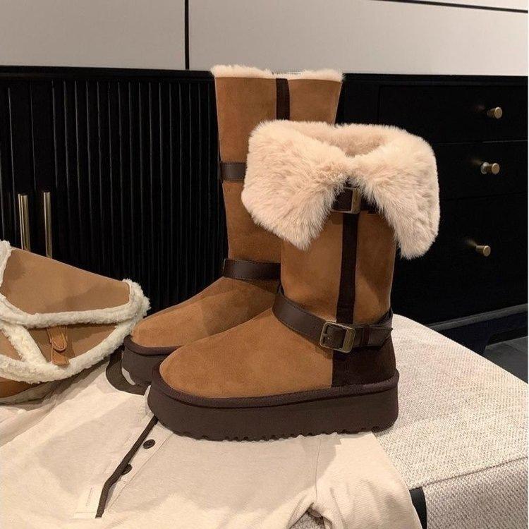 Long Tube Two Wear Flanged Snow Boots Winter New Piled Thickened Cotton Boots Warm Fluffy Cotton Shoes