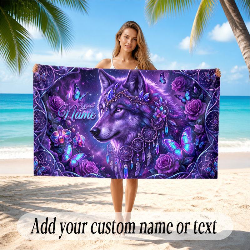 Wolf Theme Beach Towel Personalized Custom Name & Text Soft Quick Dry Beach Towel for Swimming Travel