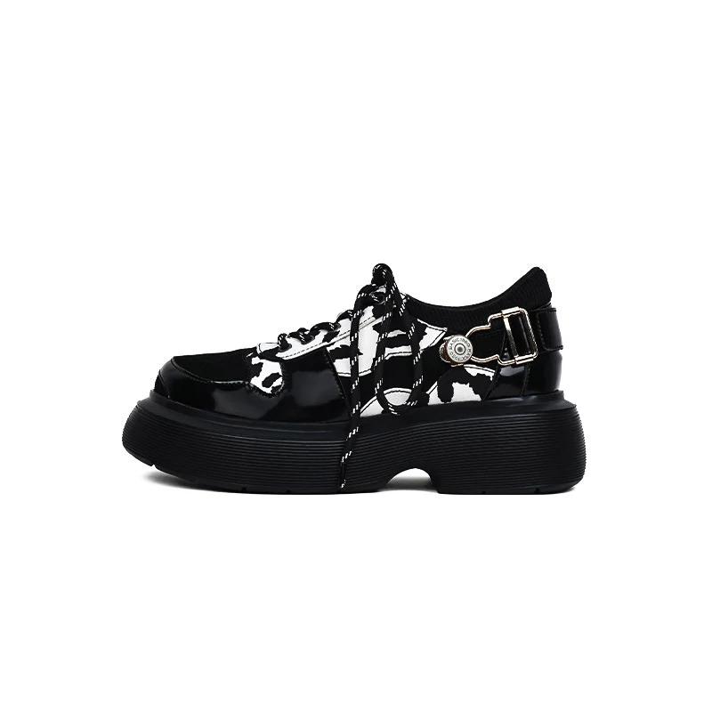 

Spring Autumn Vintage Patchwork Thick Sole Lace Up Pumps Women Round Toe Height Increasing Footwear Belt Buckle Lolita Shoes 35