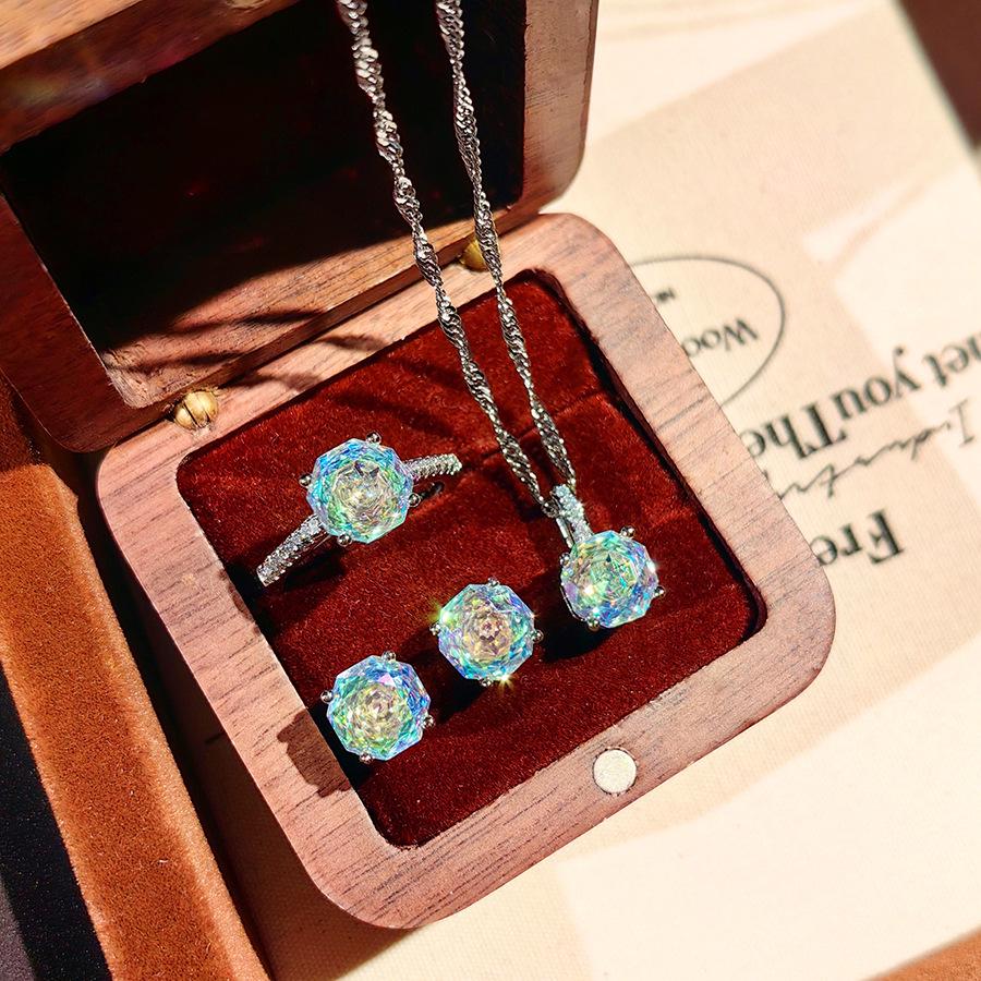 Octagonal Millennium Rose Paraíba Necklace with High Carbon Diamonds, Colorful Stud Earrings & Yellow Diamond Ring for Women