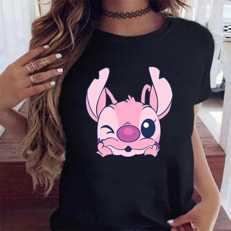 New Fashion FeUnisex Clothing Cartoon Disney Stitch Womens Tshirt Summer Short Sleeve Black Tops