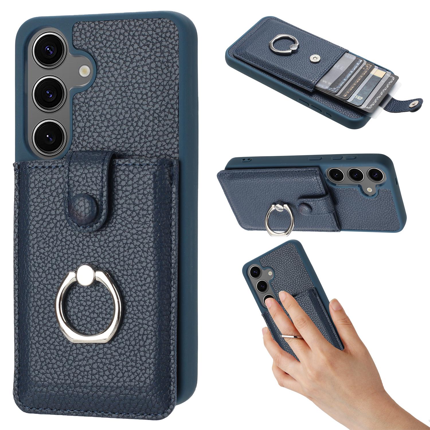 

For Samsung Galaxy S24 FE Case Drawing Type Card Slots Litchi Texture Leather Back Cover with Ring Kickstand Blue