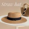 French 2025 Flat-Top Straw Hat for Women, Large Circumference, Flat Brim, Plus Size Resort Sun Hat