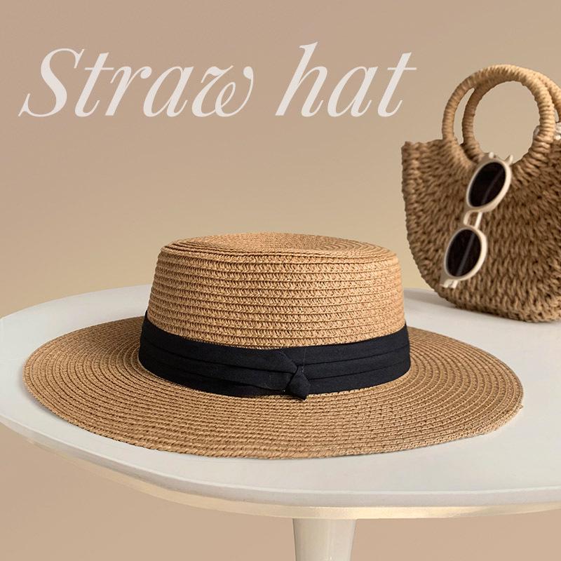 French 2025 Flat-Top Straw Hat for Women, Large Circumference, Flat Brim, Plus Size Resort Sun Hat