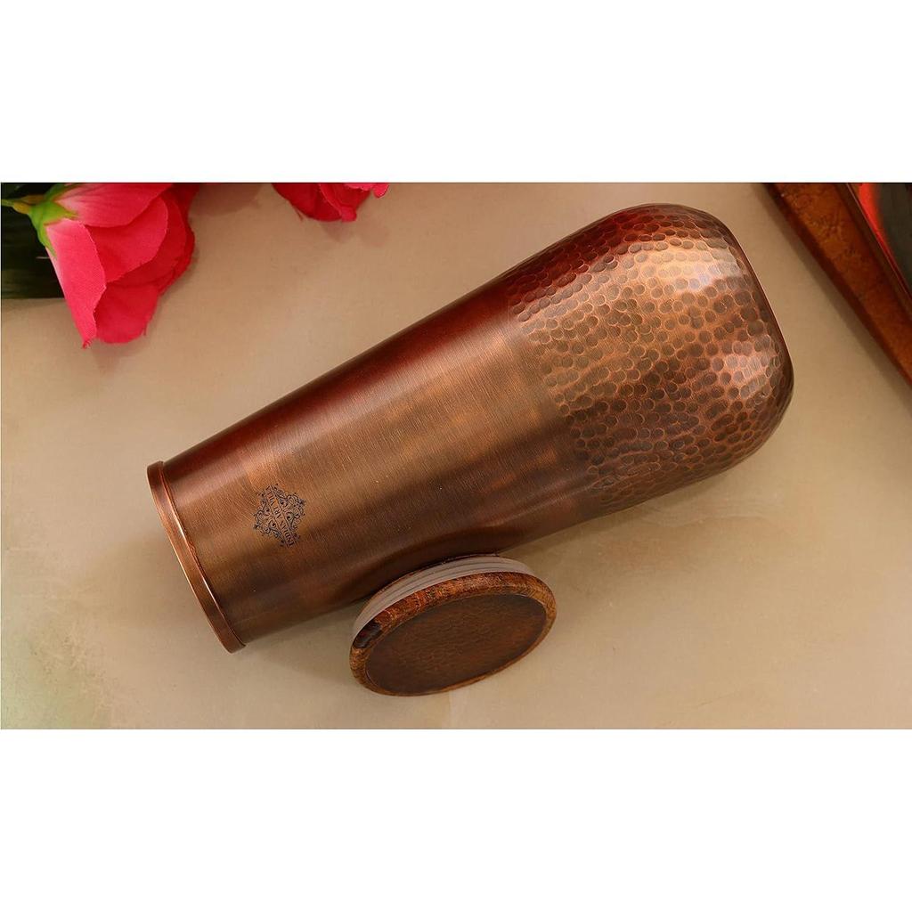 Pure Copper Bedroom Water Bottle with Wooden Lid, Aqua Vase Design with Bottom Hammered Dark Lacquer Finish - Volume 1300 Ml (Pack of 2)