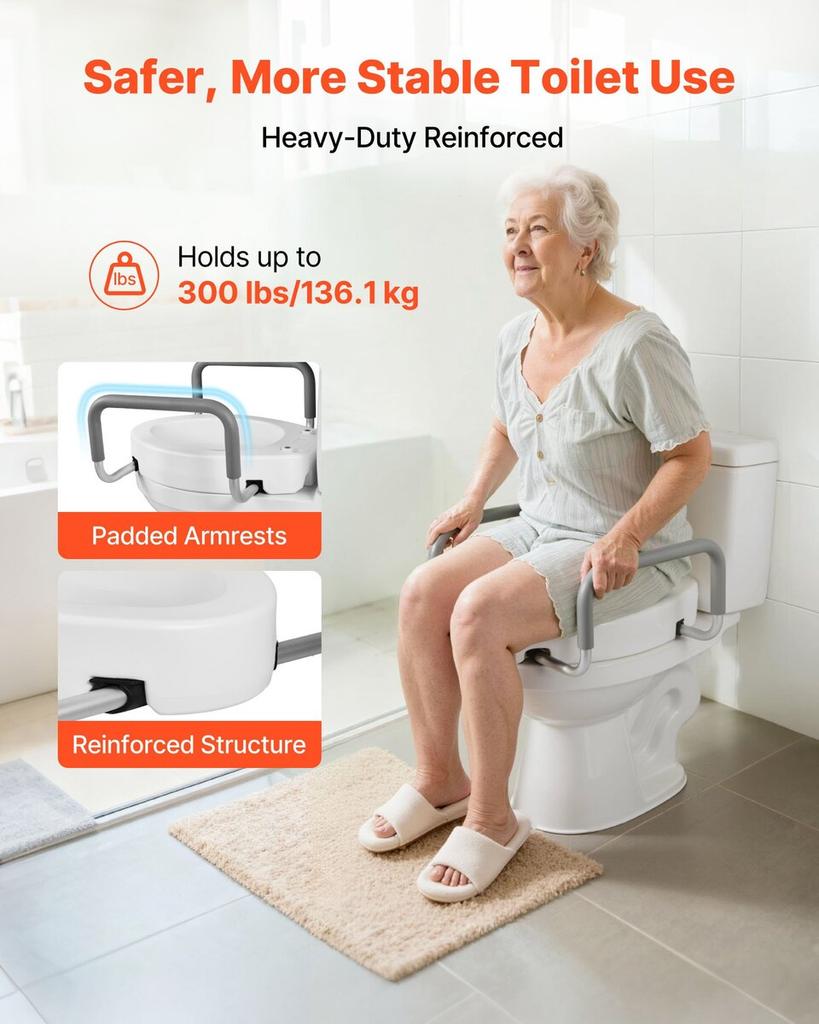 Raised Toilet Seat with Arms, 136.1 Kg Load Capacity, 88.9 Mm Lift Height, Widened Commode Elevated Toilet Seat Riser with Padded Handles for Seniors,