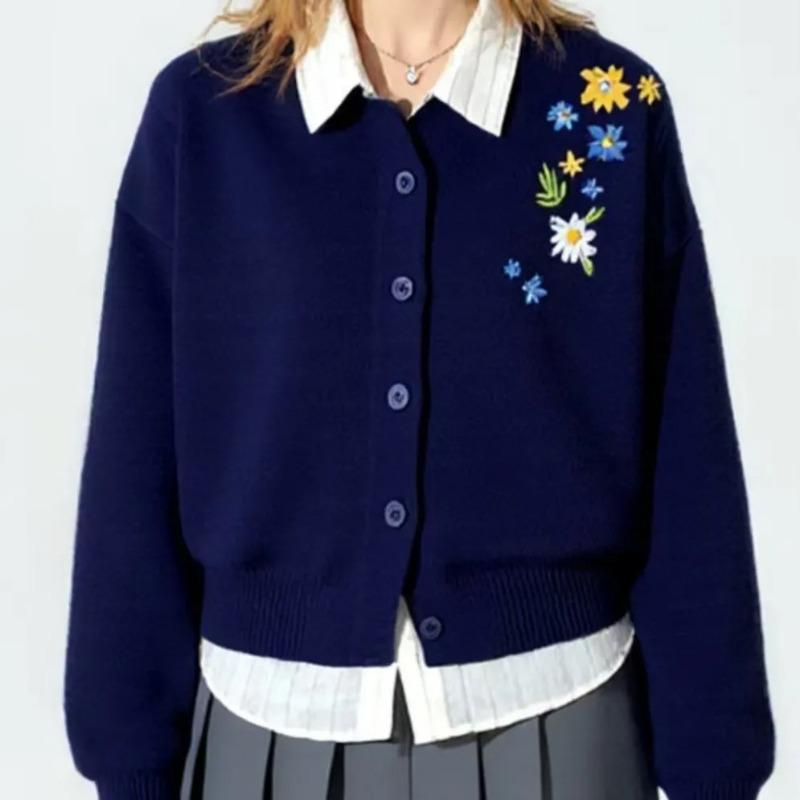 

Новый ретро кардиган с вышивкой в виде цветов, весенне-осенний ленивый ветер, свободный повседневный вязаный свитер-жакет one size fits all темно-синий