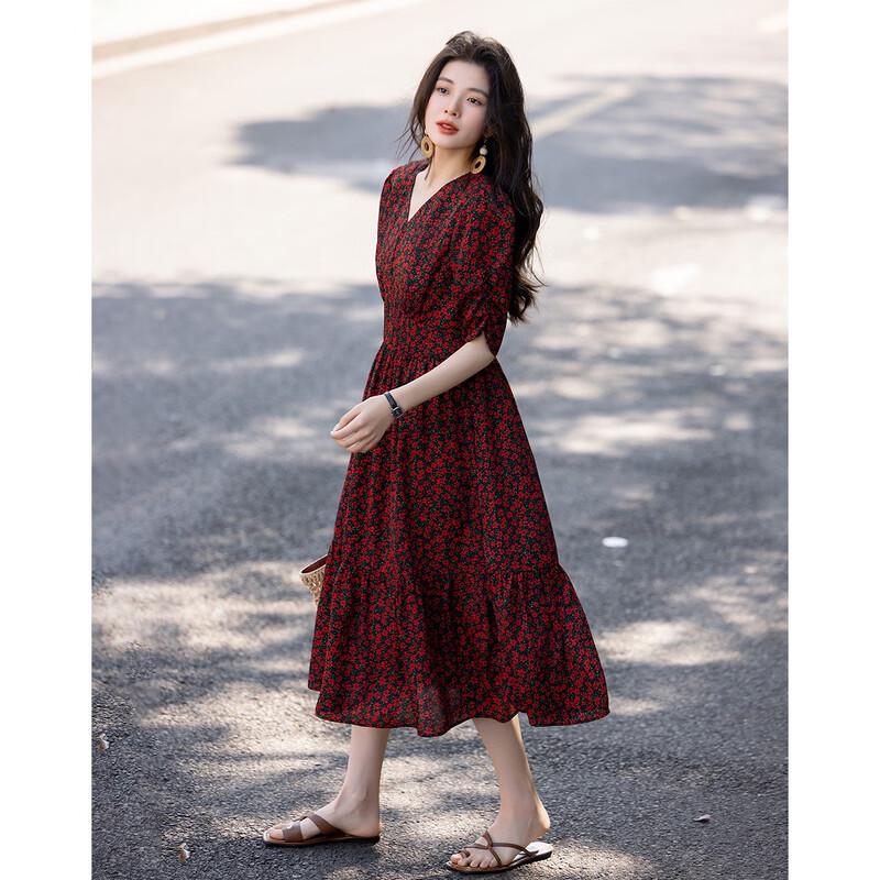 Demana French Style Printed Chiffon V-neck Dress