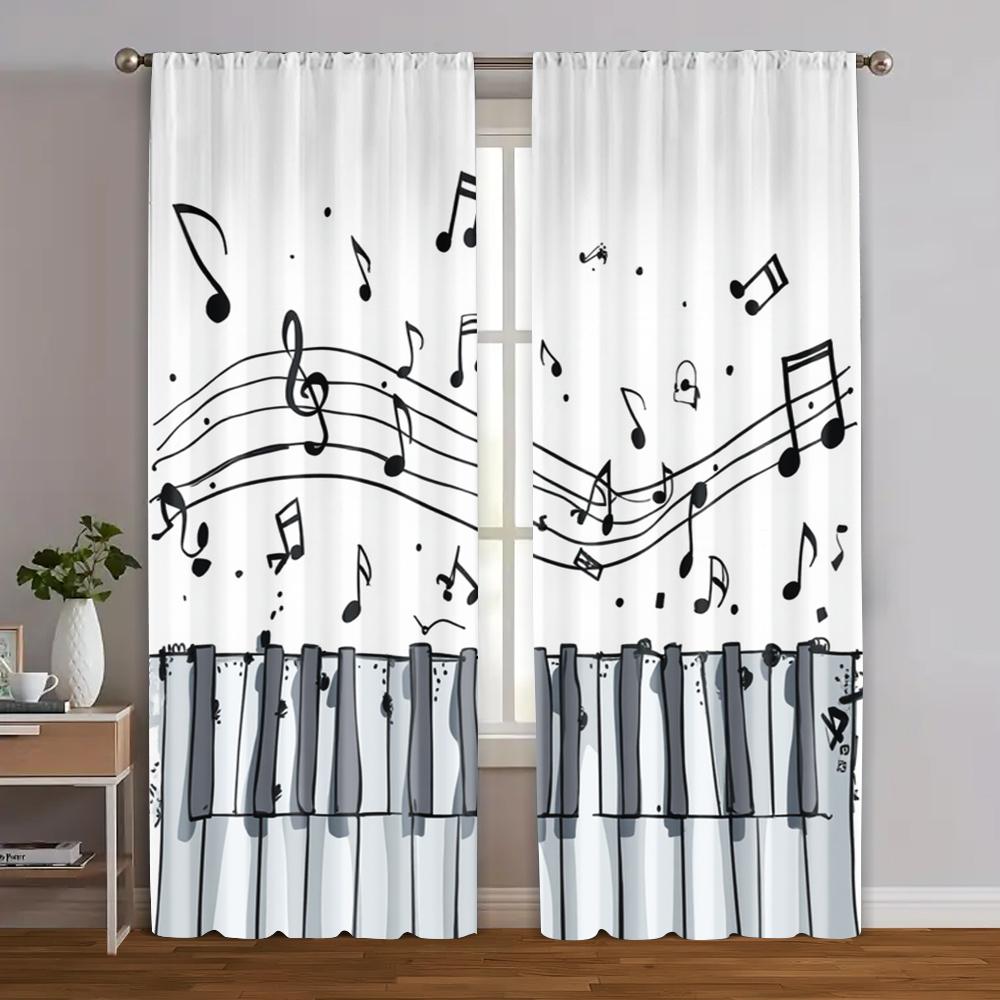 Set Of 2 Classic Curtains Piano Musical Notes Fabric Without Rod Room Decor Ldeal Bedroom Living Curtain Polyester Machine Washable Perfect For