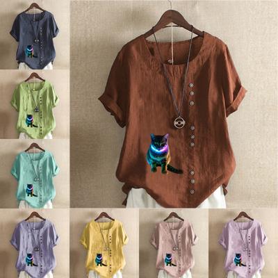 Women's Fashion Cat Prined Round Neck Short Sleeve T-shirt Casual Cotton Linen Graphic Shirt Leisure Loose Summer Blouse Tops