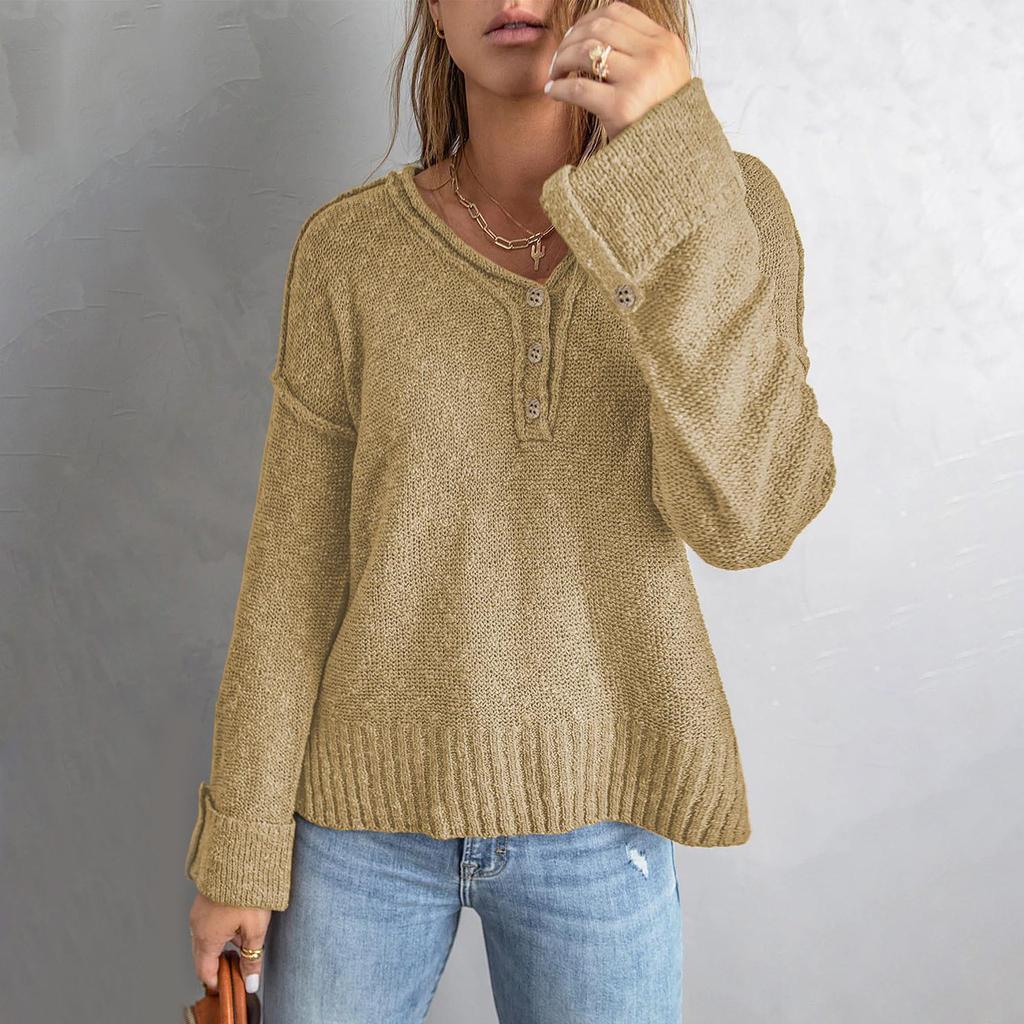 Women's Temperament Casual Solid Color Button Off Shoulder Loose Knitted Sweater