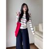 Korean-Style Diagonal Collar Striped Long-Sleeve Knit Top for Women, Early Spring Slim-Fit Versatile Top, Casual Short Off-Shoulder T-Shirt