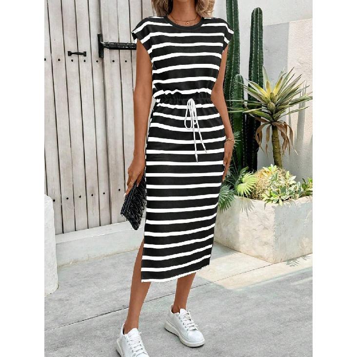 Women's Black and White Striped Slit Round Neck Casual Dress