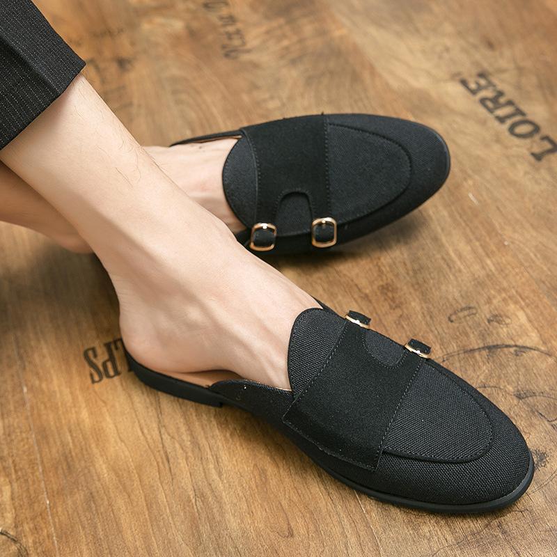 Canvas Leather Shoes Men Casual Handmade Muller Loafers Men Slip On Flats Driving Dress Shoes Half Slippers 38-47