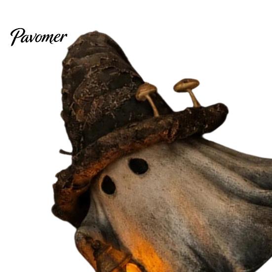 Resin Ghost Figurine Halloween Wizard Hat with LED Lighted Lantern, Vintage Small Table Decor Witch Statue for Fall Tabletop Mantel Home Party