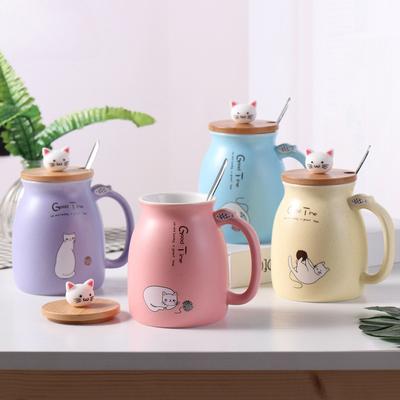 Taza de cerámica creativa con diseño de gato de dibujos animados, con cuchara de acero inoxidable y tapa de madera, resistente al calor, para desayuno, leche, té y café.