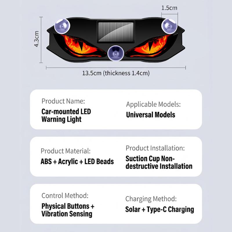 Solar Car Demon Eye Warning Light No Wiring Required Multi Flashing Modes Universal Fit for All Vehicle Night Driving Anti-Collision