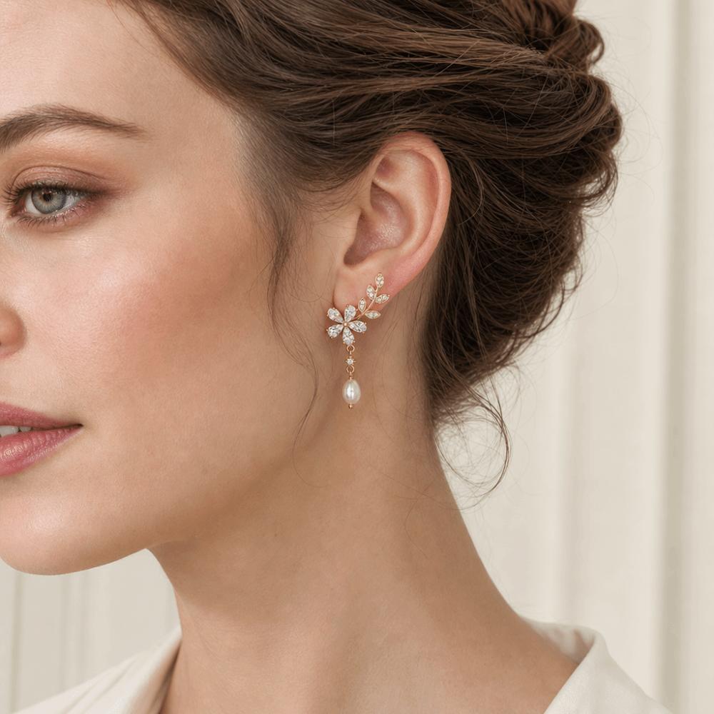 Evening Exquisite Flower Stud Earrings Crystal Luxury Pearl Dangle Earrings Leaves Jewelry Ornament Leaf Flower Earrings Bride