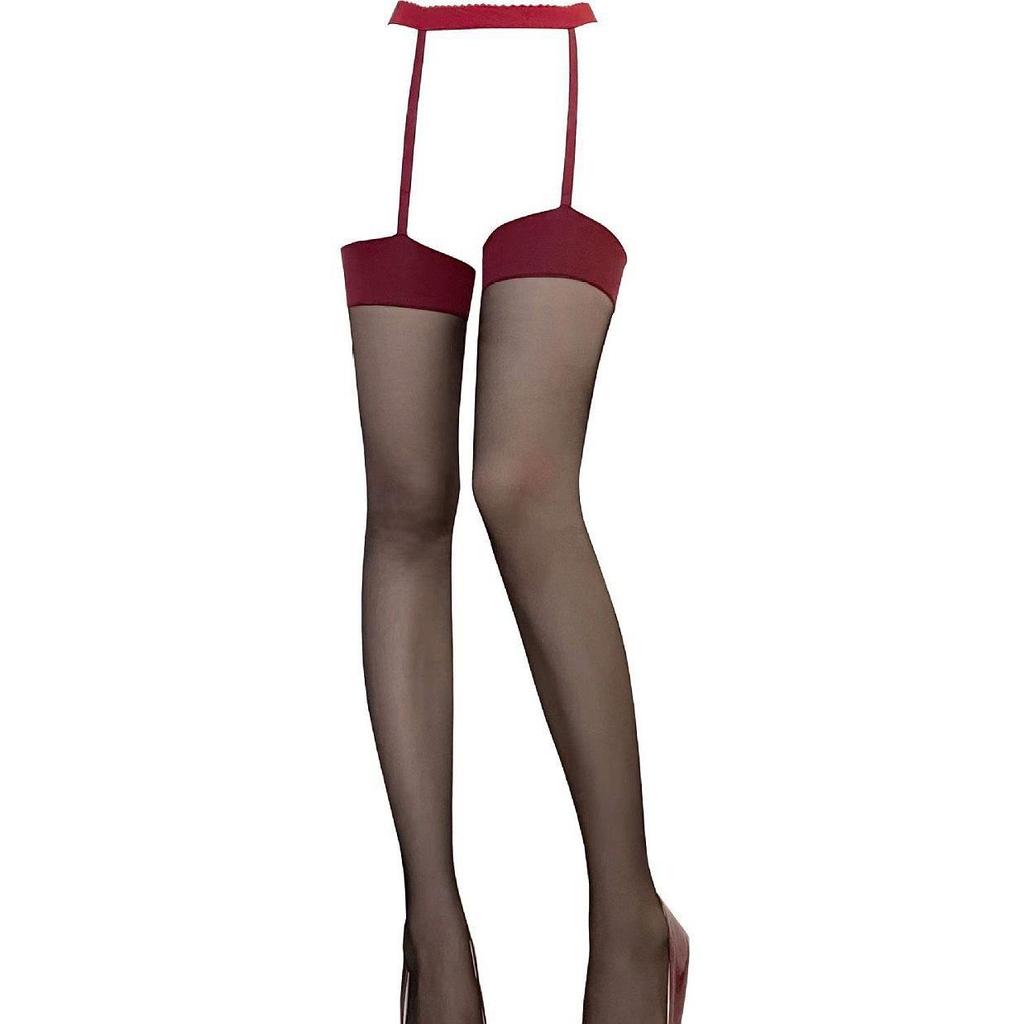 Ciorapi portjartier roșii și negri contrastanți - Ciorapi de Crăciun ultra-subțiri, lungi și sexy pentru femei